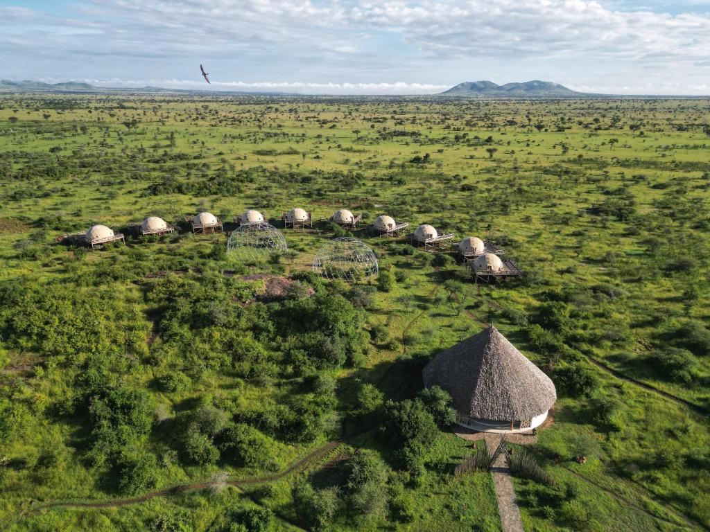 una vista aérea de un campo con un grupo de cabañas en Kuoom Serengeti, en Robanda