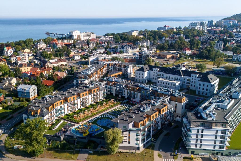 an aerial view of a city with buildings at Bel Mare Holiday Apartments near the Beach with PARKING by Renters in Międzyzdroje