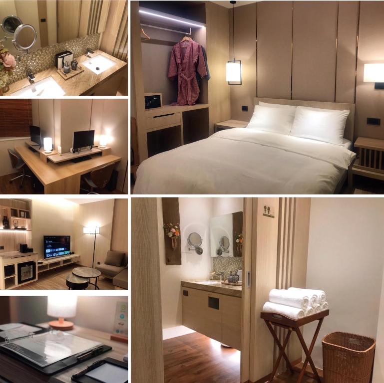 Habitación de hotel con cama, escritorio y lavabo. en 菓菓輕旅 en Puli