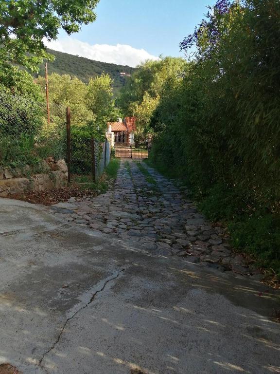a cobblestone road with a fence and a gate at Los Leones in La Cumbre