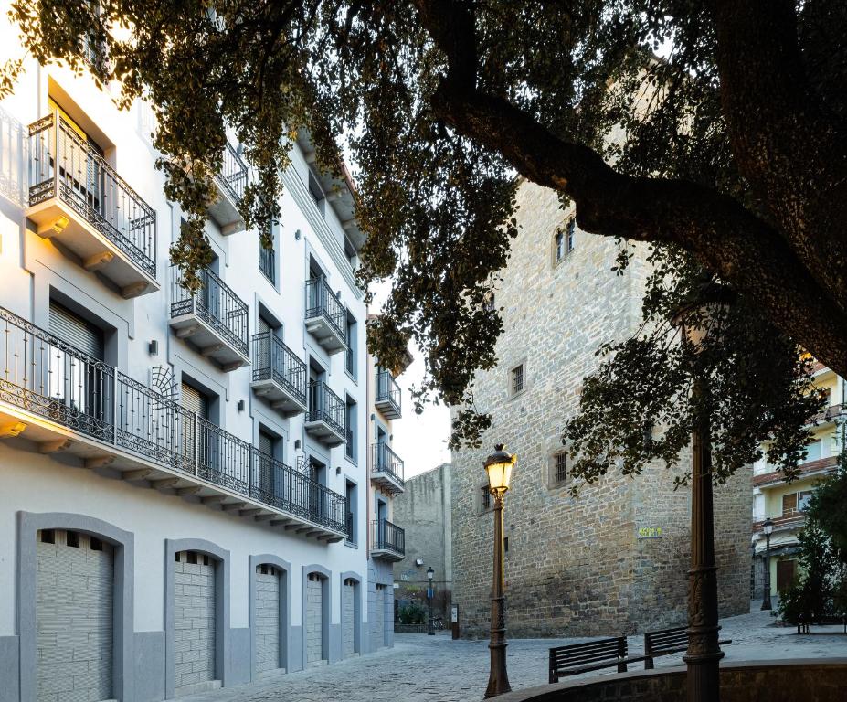 a street with buildings and a street light and a tree at Apartamentos Torre del Reloj in Jaca