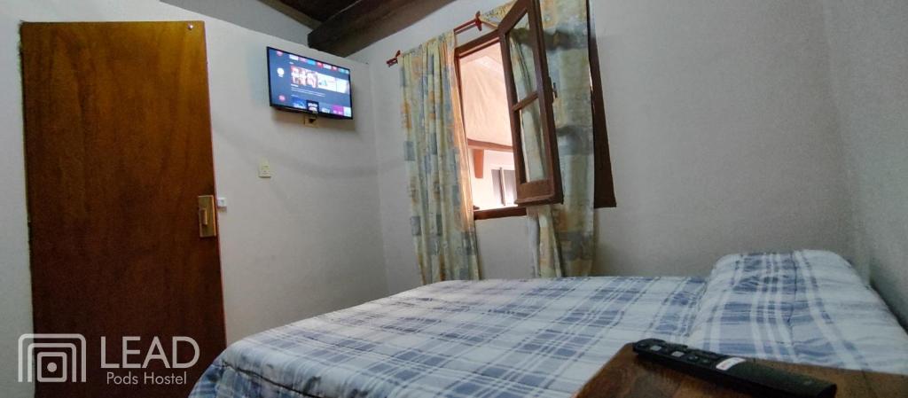1 dormitorio con 1 cama y TV en la pared en LEAD Pods Hostel en Salta