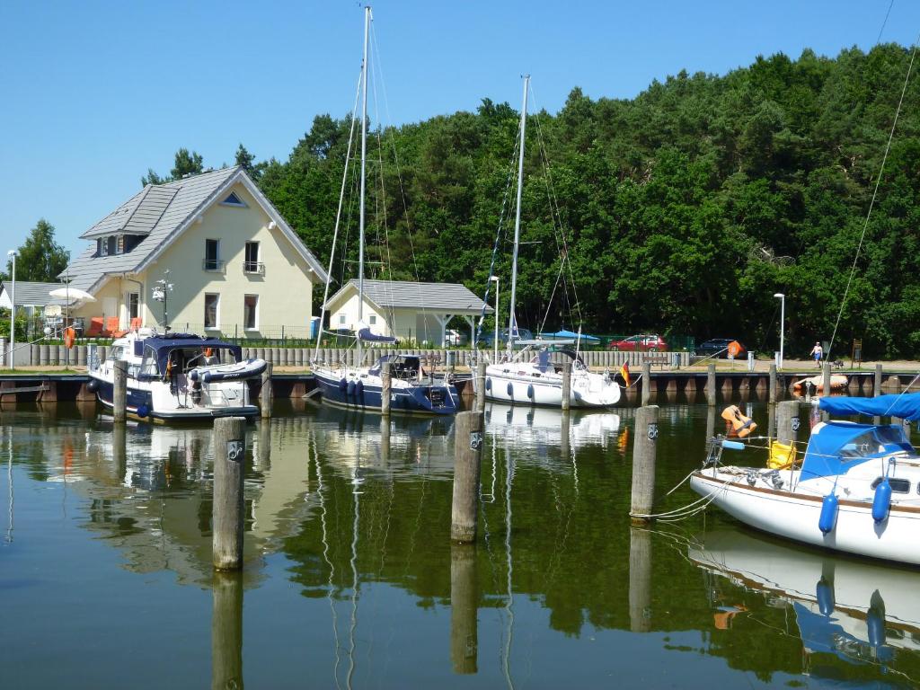 a group of boats are docked at a dock at Kapitänsresidenz - Haus direkt am Wasser in Ueckeritz