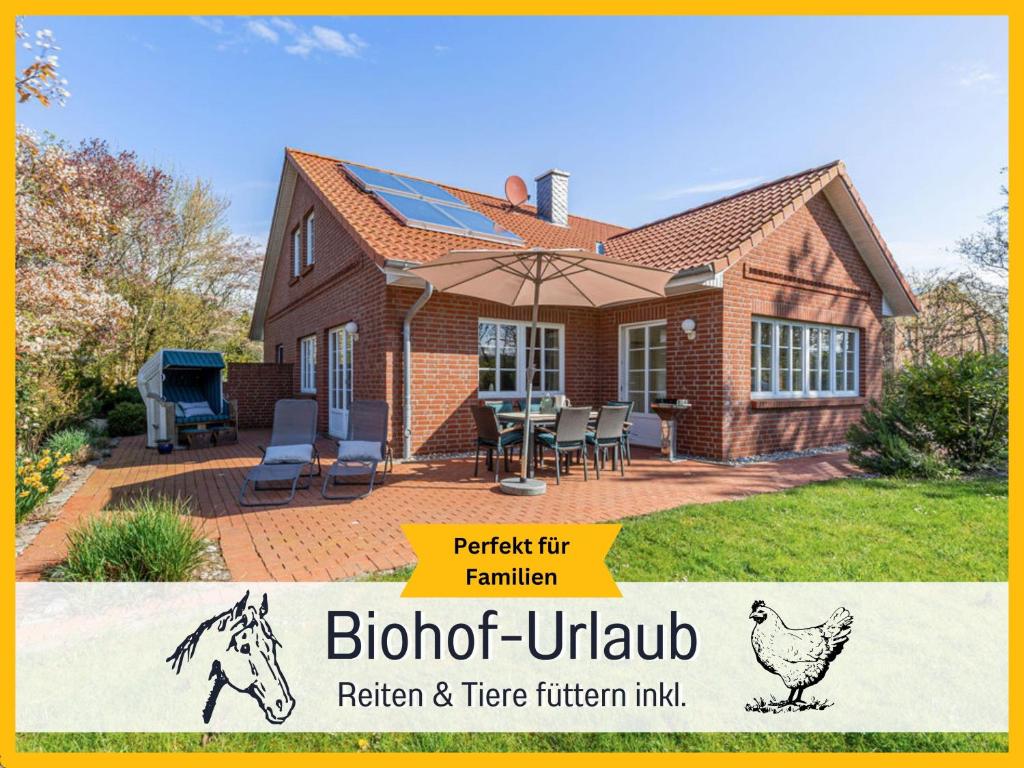uma casa de tijolos com um guarda-chuva e uma galinha em Bio Ferienhof Wichtelweide - Ferienhaus Lichtblick em Fehmarn