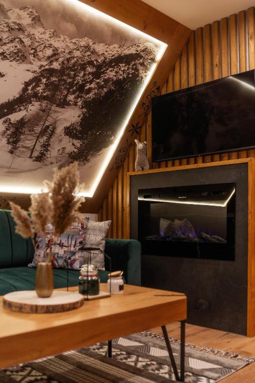 a living room with a couch and a fireplace at Apartamenty Mrowca in Ząb