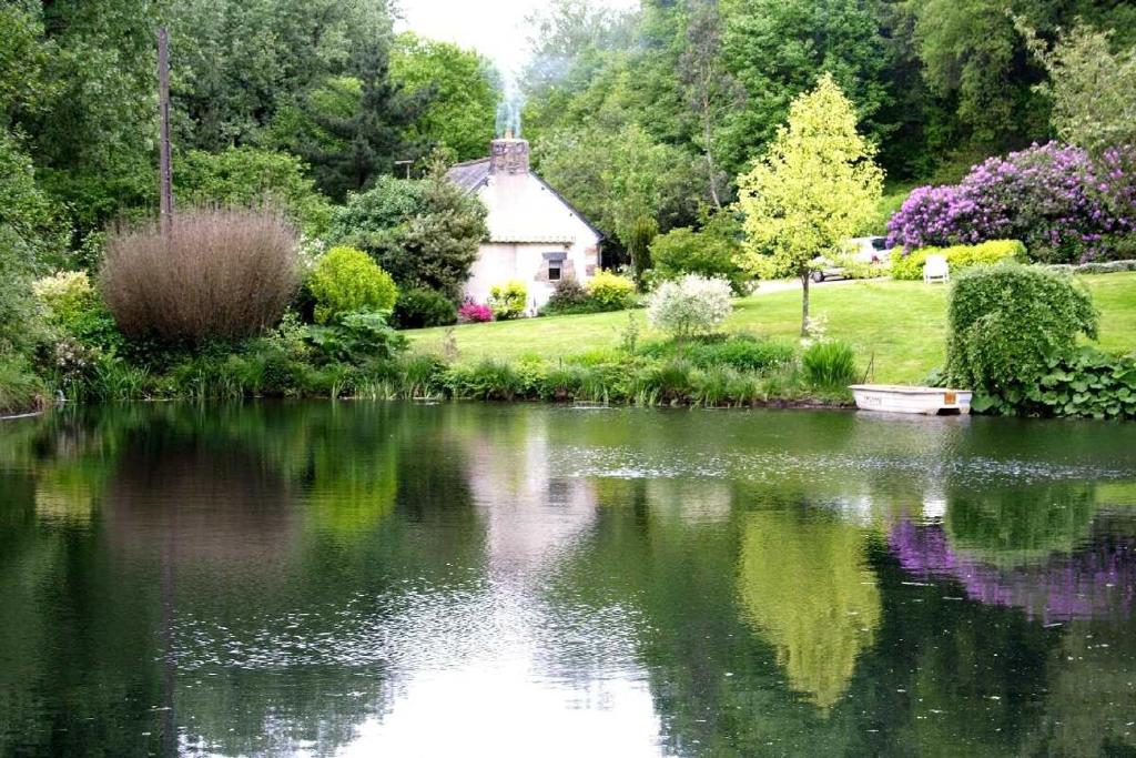 a garden with a pond in front of a house at Le petit moulin kersigalec in Canihuel