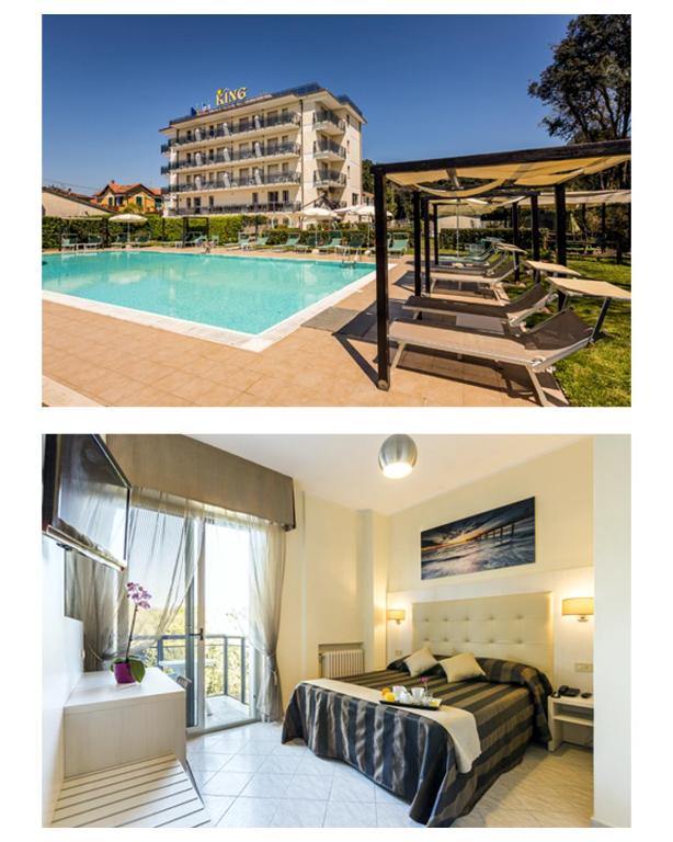 due foto di una camera d'albergo con piscina di Hotel King a Marina di Pietrasanta