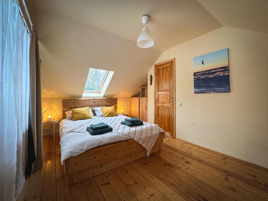 een slaapkamer met een bed en een raam erin bij River House in Nītaure