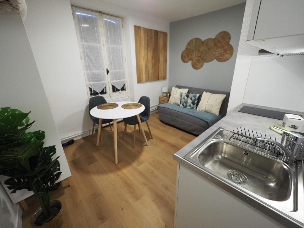 cocina y sala de estar con fregadero y mesa en 8 appartements - studio - F2 - WIFI gratuit, en Gien