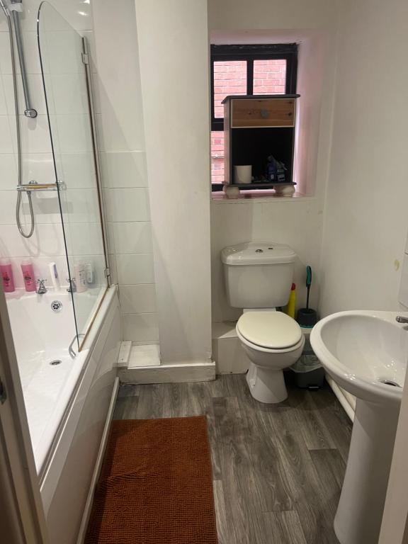 a bathroom with a toilet and a shower and a sink at Casa Amor Homes in Shrewsbury