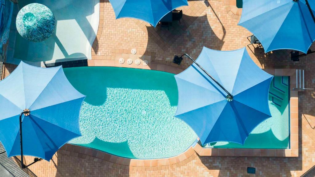 an overhead view of three blue umbrellas next to a pool at Ingenia Holidays Hervey Bay in Hervey Bay