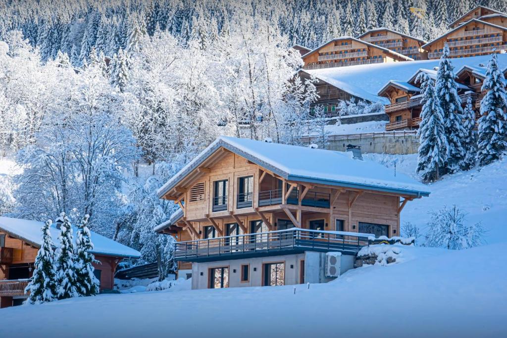 a log cabin in the snow with snow covered trees at Chalet Alphonse - OVO Network in Châtel