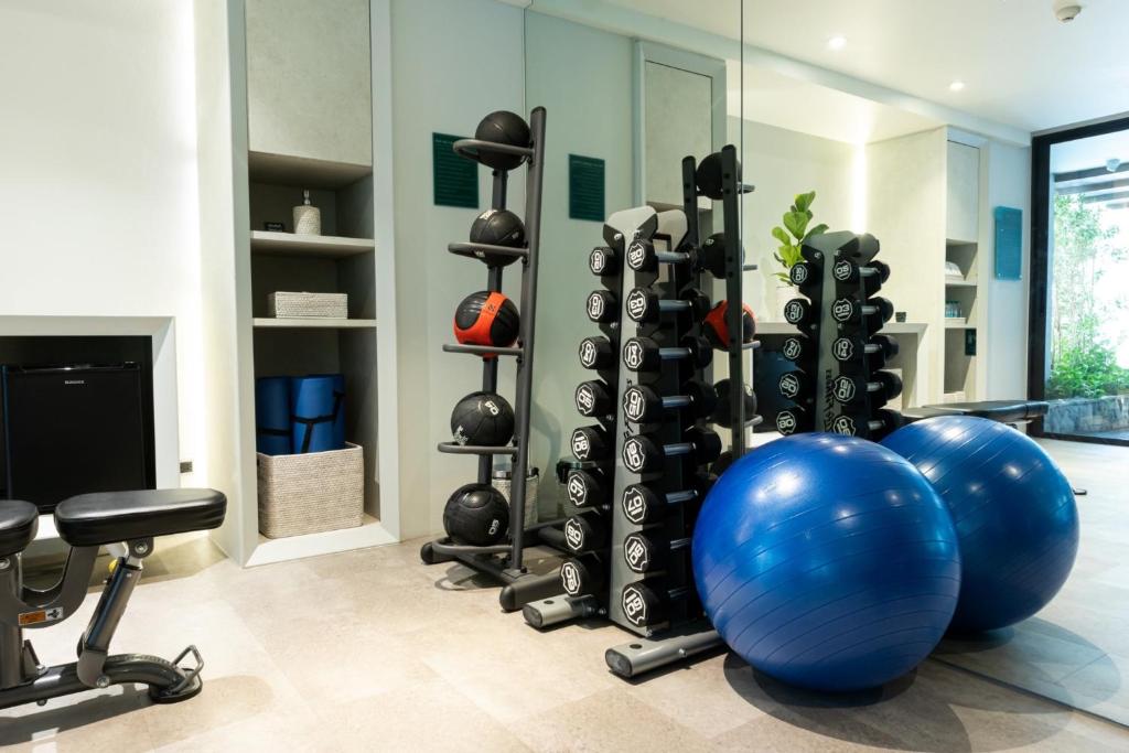 A compact weights area with dumbbells, medicine balls, and exercise balls.