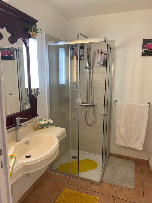 a bathroom with a shower and a sink at Pierre et Vacances Vue Mer in Sainte-Luce
