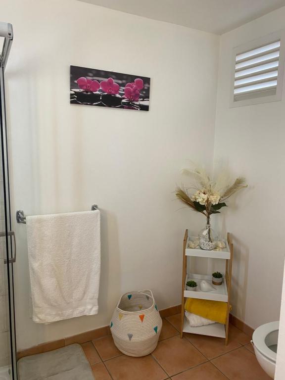 a bathroom with a toilet and a towel at Pierre et Vacances Vue Mer in Sainte-Luce