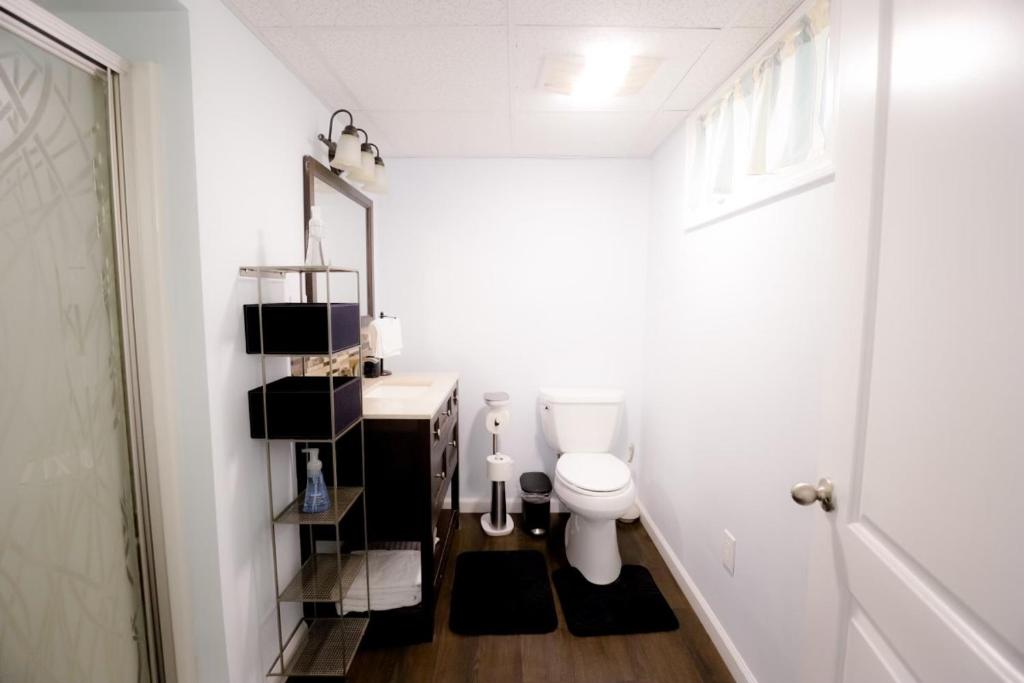 a bathroom with a toilet and a sink and a mirror at Private bungalow in Providence