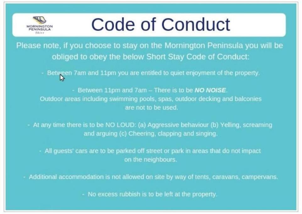 a screenshot of the code of conduct webpage at Ronny's at Tootgarook. Spacious villa, walk to beach. in Tootgarook