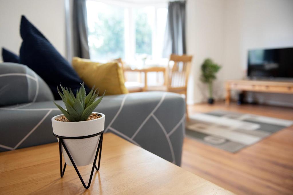 um vaso de planta sentado numa mesa numa sala de estar em Tillyard Retreat, Ground Floor Apartment Cambridge em Cherry Hinton