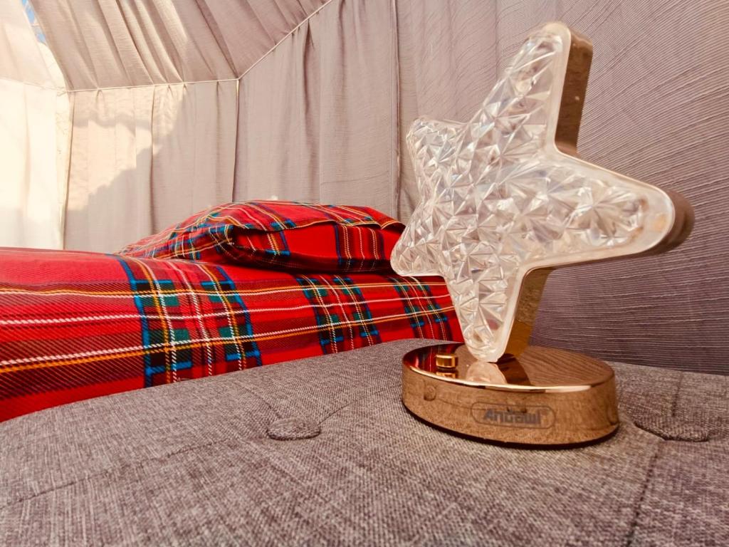 una estrella de cristal en un soporte de madera junto a una cama en Bubble room la Maghianisa, 