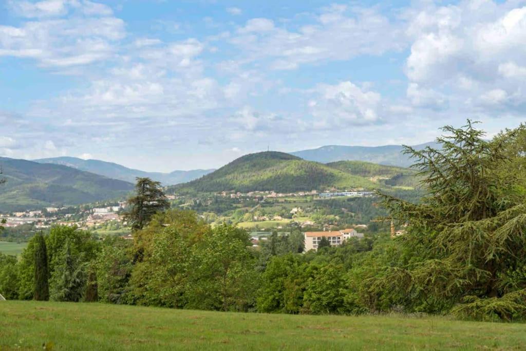 a green field with mountains in the background at Agréable maison de village avec balcon in Roiffieux