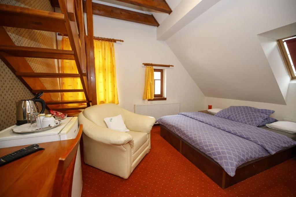 1 dormitorio con cama, silla y escritorio en Wellness Hotel TTC, en Vrchlabí