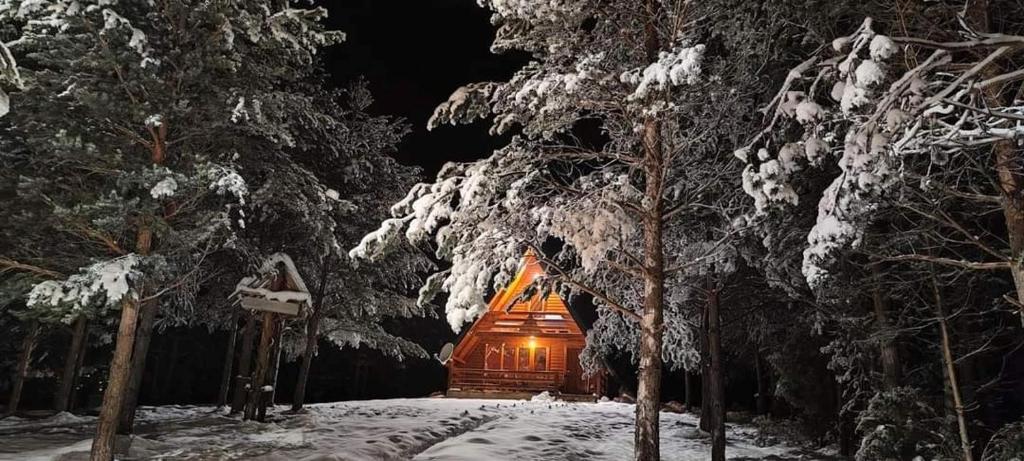 eine Hütte im Wald mit Schnee auf den Bäumen in der Unterkunft Chalet with outdoor jacuzzi near Sarajevo in Pale
