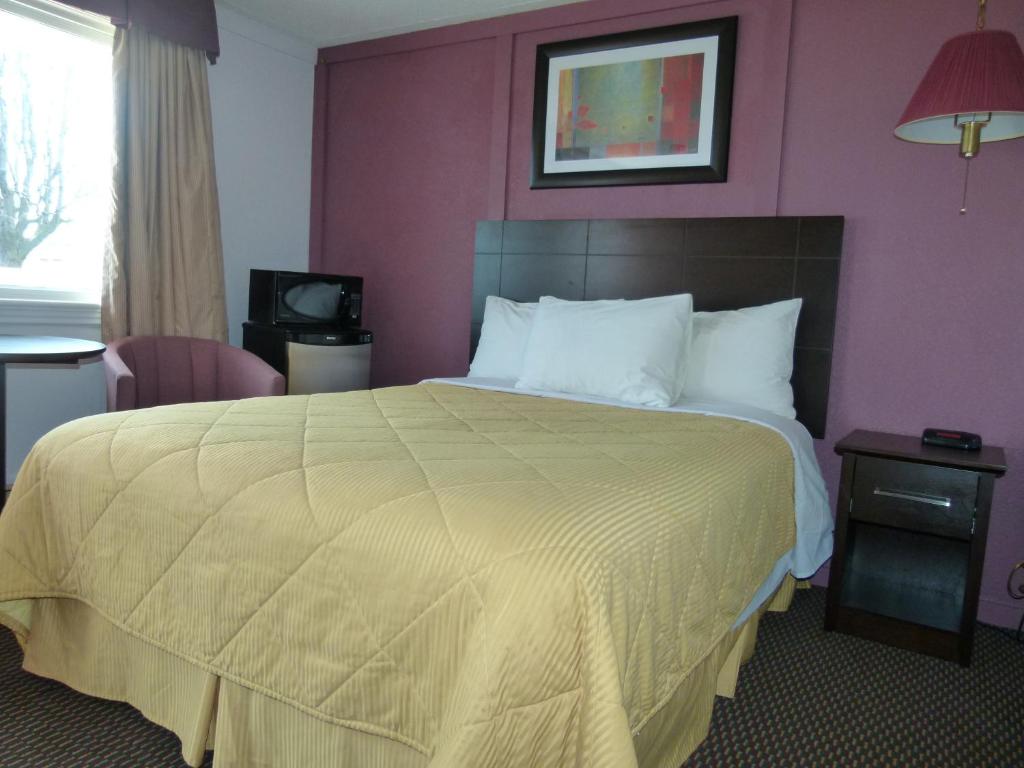 a bedroom with a large bed with a yellow bedspread at Country Squire Motel in Arnprior