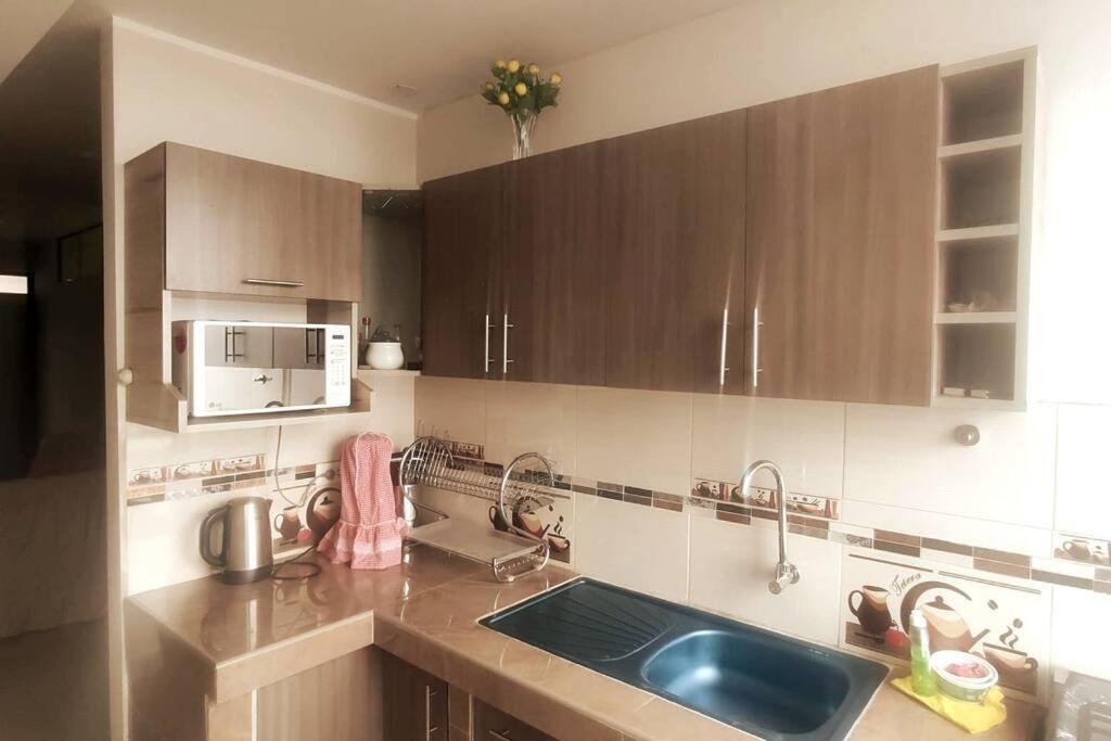 万卡约Depawanka 2的厨房配有木制橱柜和蓝色水槽。