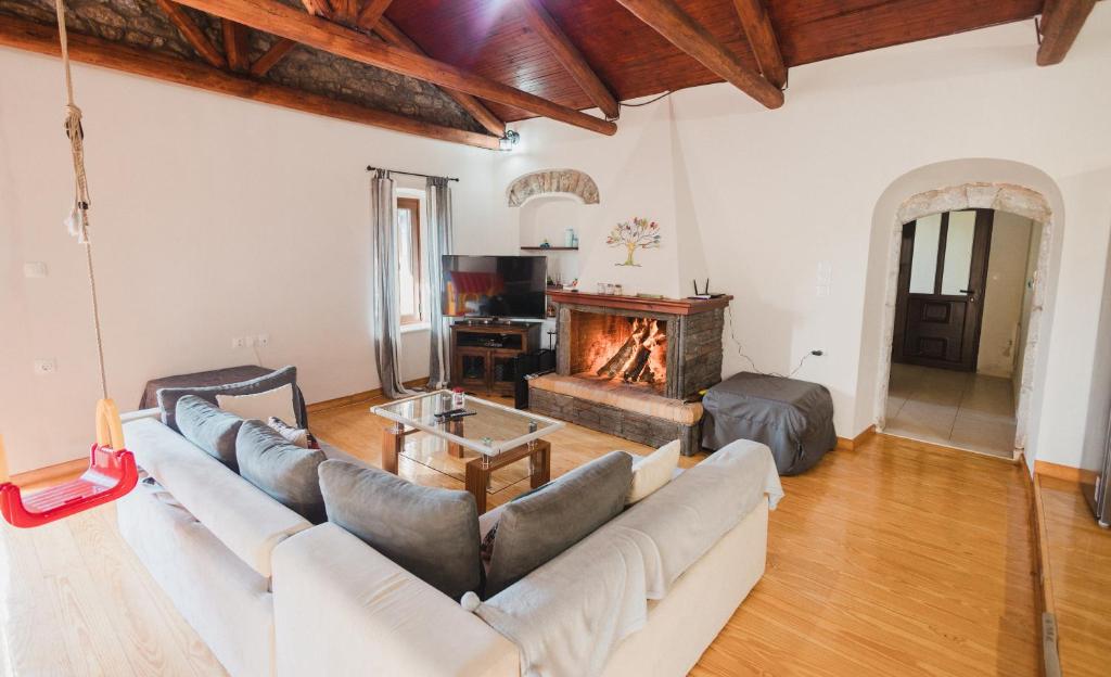 a living room with a couch and a fireplace at Mountain Hotels "Balasi's House" in Planitéron