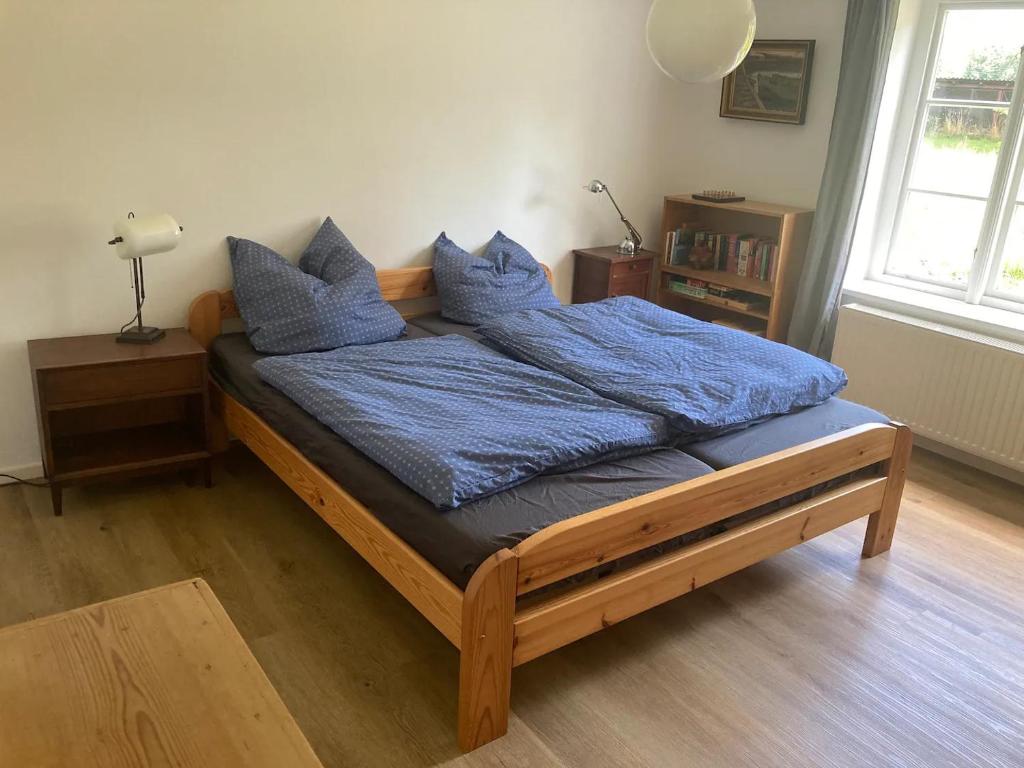 - un lit avec des oreillers bleus dans l'établissement Ferienhaus alte Försterei, à Malchin
