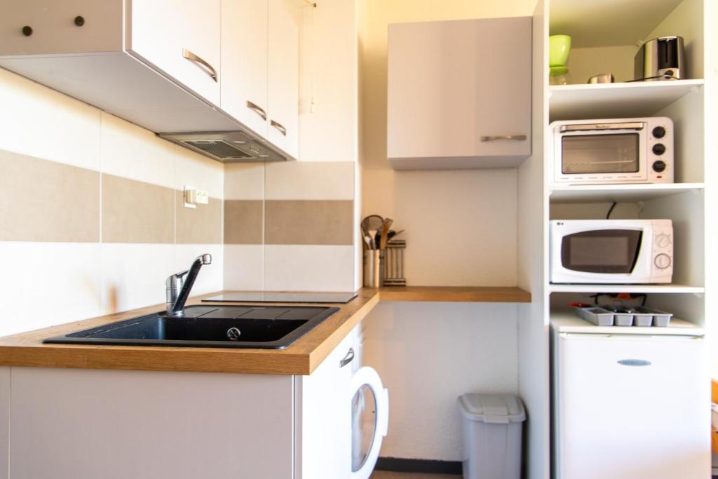 uma cozinha com um lavatório e um micro-ondas em Appartement T1 à 300m des thermes de Barbotan em Barbotan-les-Thermes