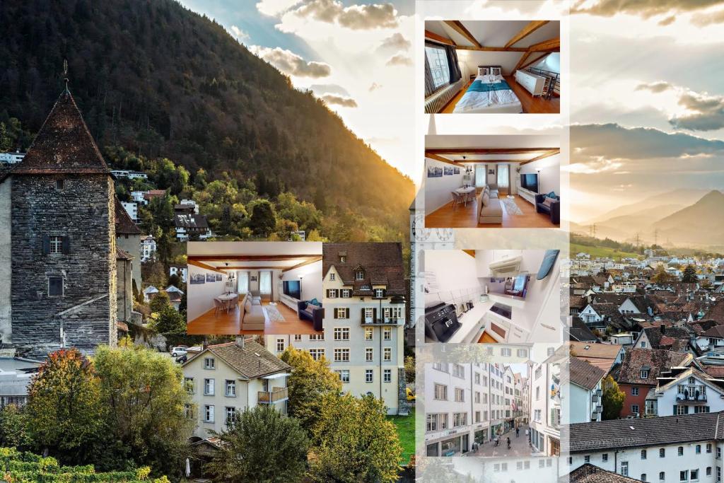 uma colagem de fotos de uma cidade com uma montanha em Charmante zentrale 2.5 Zimmer Maisonette Wohnung em Chur