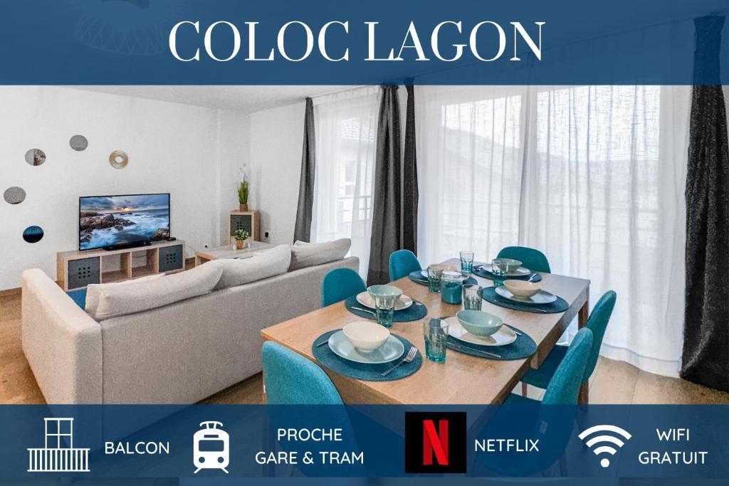 uma sala de estar com uma mesa e um sofá em COLOC LAGON - Belle Colocation haut de gamme de 3 chambres / Proche Gare / Parking gratuit / Balcon / Wifi & Netflix em Ville-la-Grand