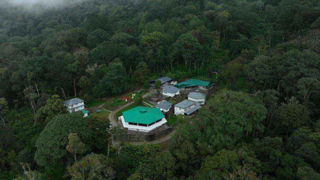 an aerial view of a house in the middle of a forest at Makayiram Retreat in Munnar