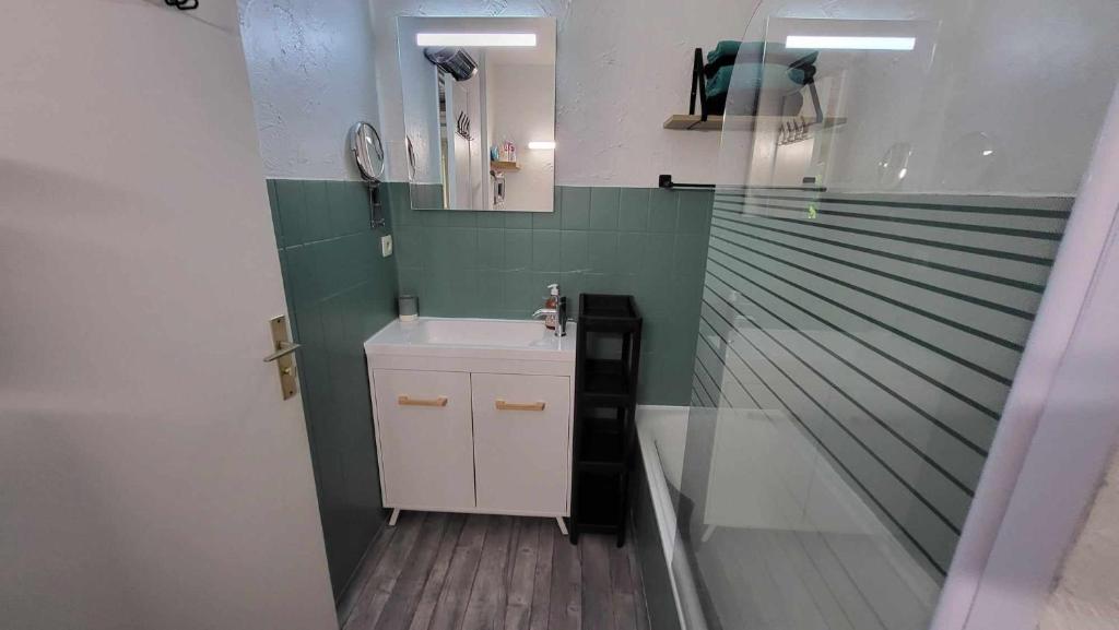een kleine badkamer met een wastafel en een spiegel bij Appartement calme, cosy Piscine in Mandelieu-la-Napoule