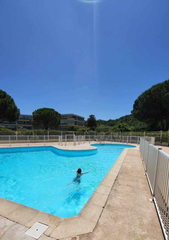 une personne nageant dans une grande piscine dans l'établissement Appartement calme, cosy Piscine, à Mandelieu-la-Napoule