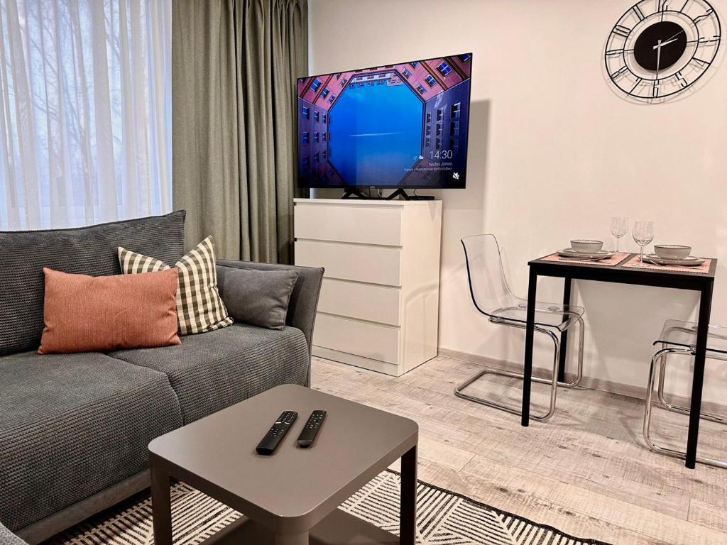 sala de estar con sofá y TV de pantalla plana en Уютная квартира в центре, en Klaipėda