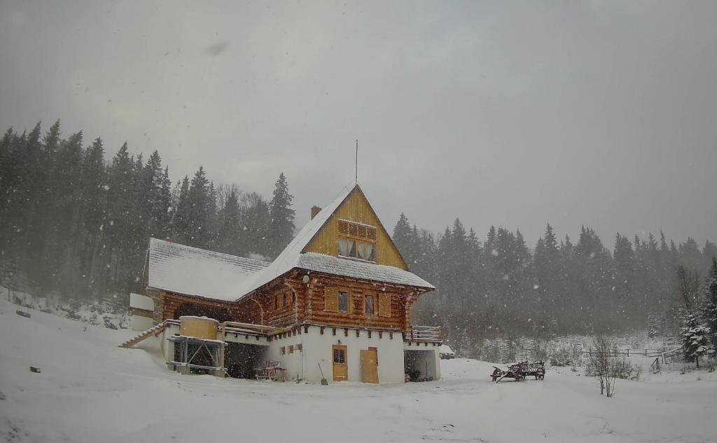 a large wooden cabin with snow on the roof at Fifth Element Retreat in Borzont