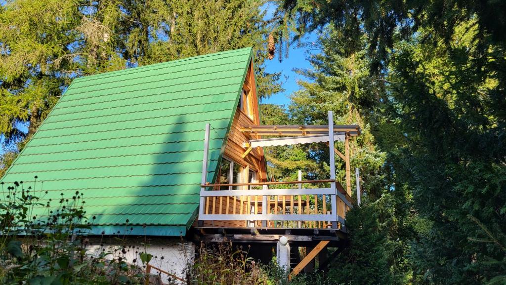 uma casa com um telhado verde com um deque em Finnhütte zwischen Wald und See em Biesenthal