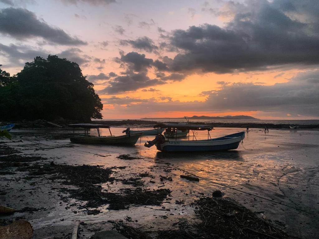 dwie łodzie siedzące na plaży o zachodzie słońca w obiekcie Ocekepala w mieście Palmilla