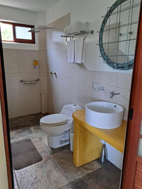 un bagno con un water, un lavandino e uno specchio di Posada Nautica a Mazunte