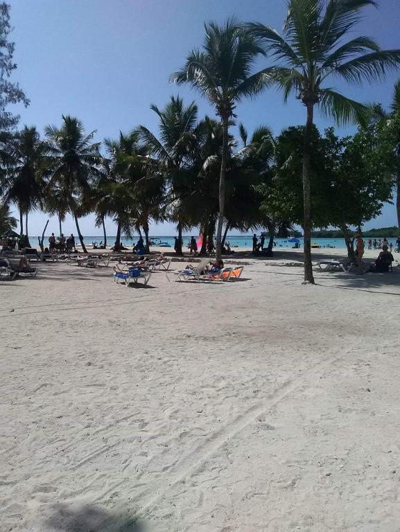 a beach with palm trees and people on the sand at Bchome hostal in Boca Chica