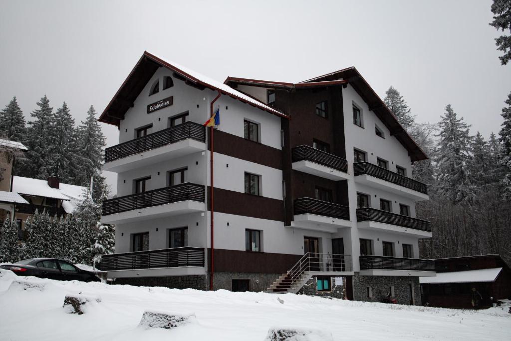a building with snow on the ground in front of it at Vila Edelweiss in Predeal