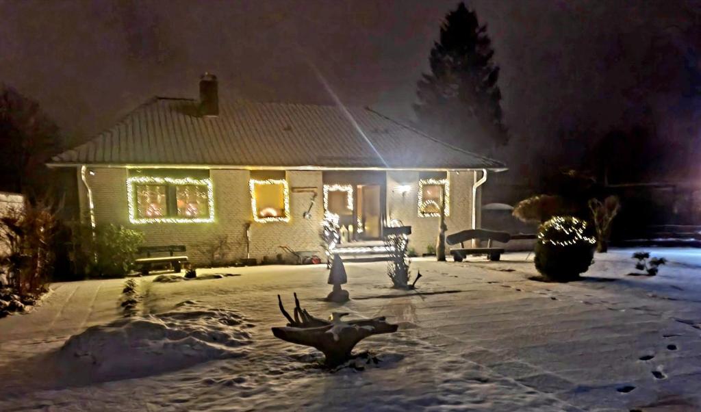 a house with christmas lights in front of it at 4 Sterne Ferienwohnung 140 qm im Haus Tina in Sankt Andreasberg