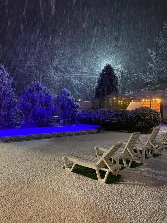 a couple of benches in the snow at night at Guest house Shulc in Mizhhirya