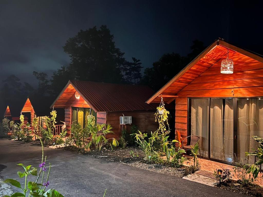 una fila de cabañas de madera por la noche en Cabañas SyC en Fortuna