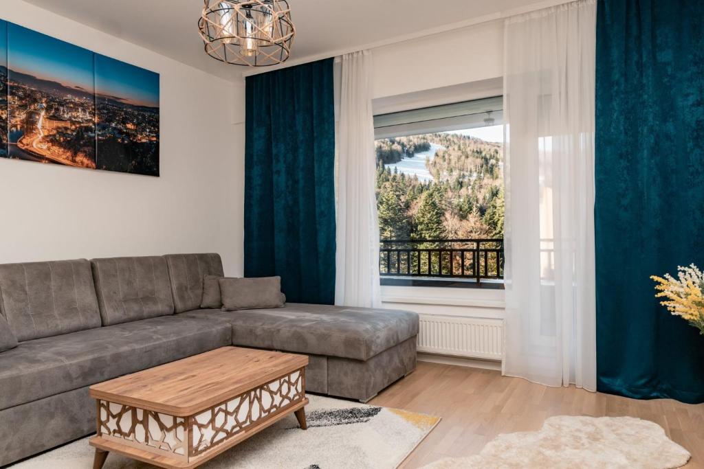 a living room with a couch and a window at HH apartments in Bjelašnica