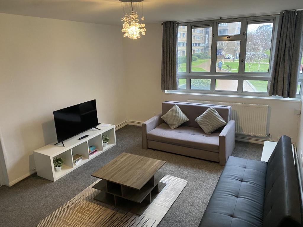 a living room with a couch and a tv at Spacious 2 bed Dulwich flat green views in London