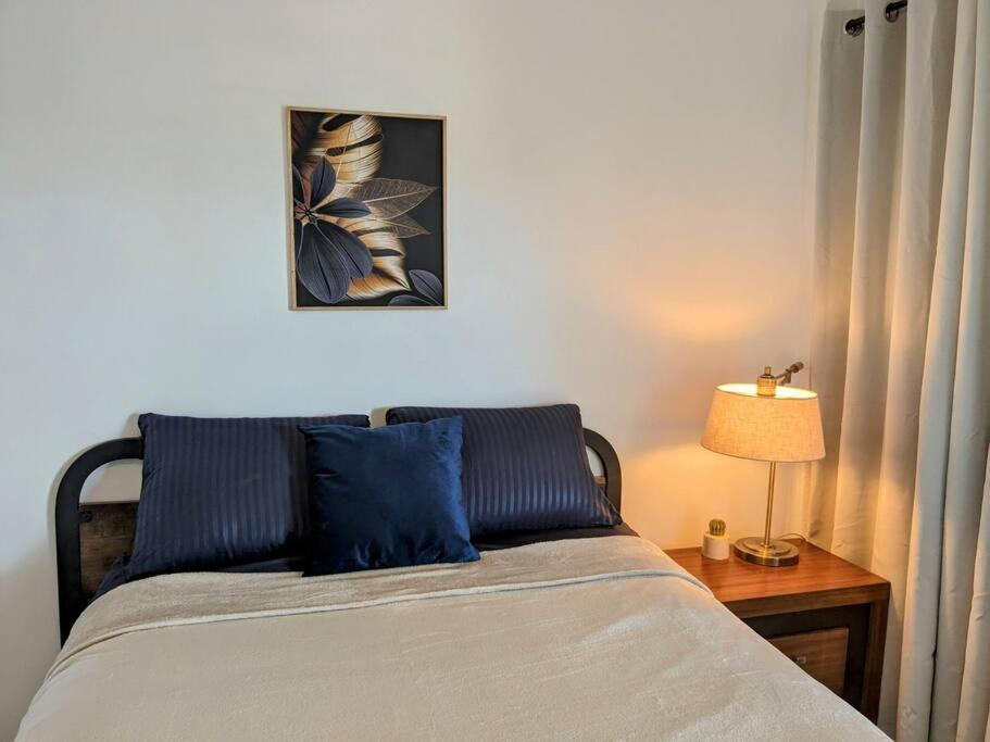 Dormitorio con cama con almohada azul y lámpara en Estudio Bengala en San José del Cabo