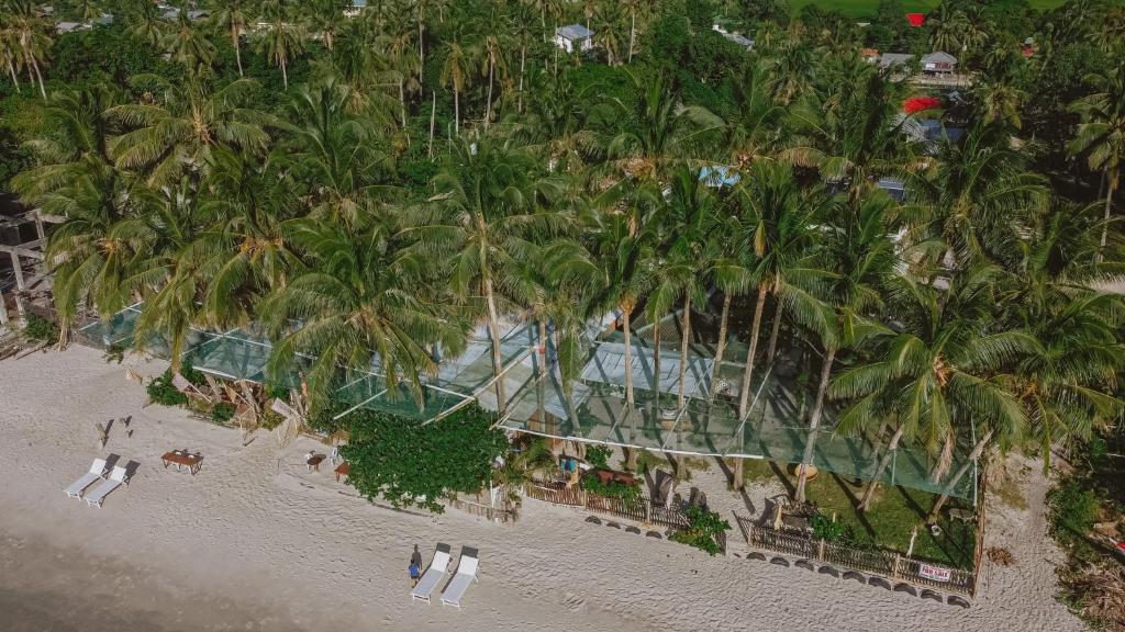 una vista aérea de una playa con palmeras en Victoria Beach House, en San Vicente